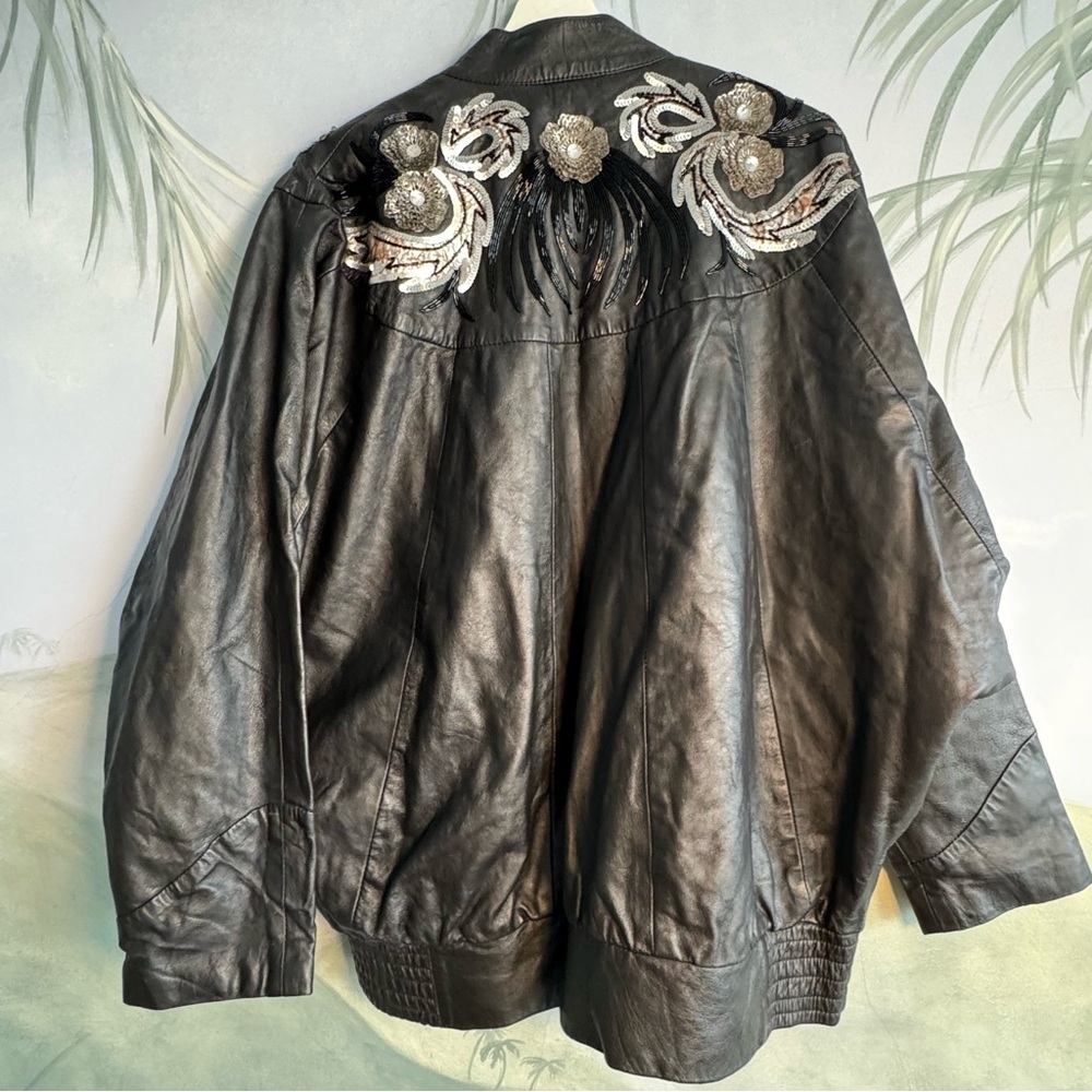 Embroidered Black Leather Jacket vintage size M - Picture 10 of 11